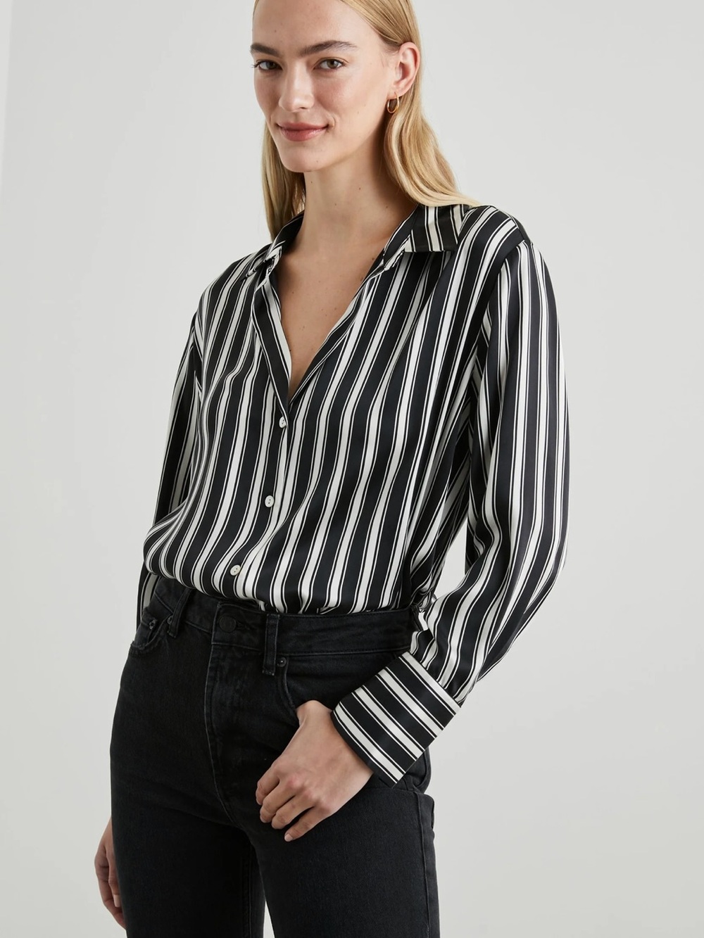 Jones New York Black and White Vertical Stripe Button-Down Shirt